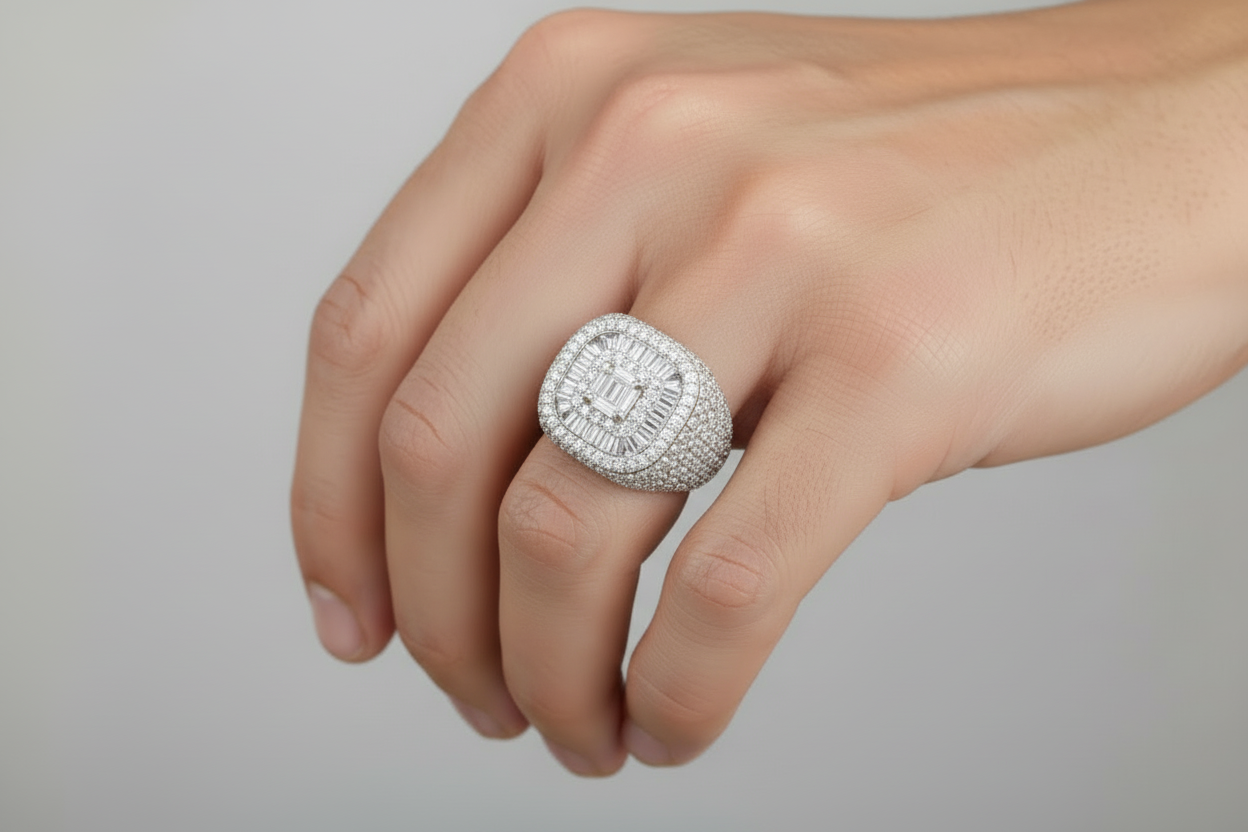 Men's Sterling Silver Cluster Ring with Baguette and Round Moissanite Stones