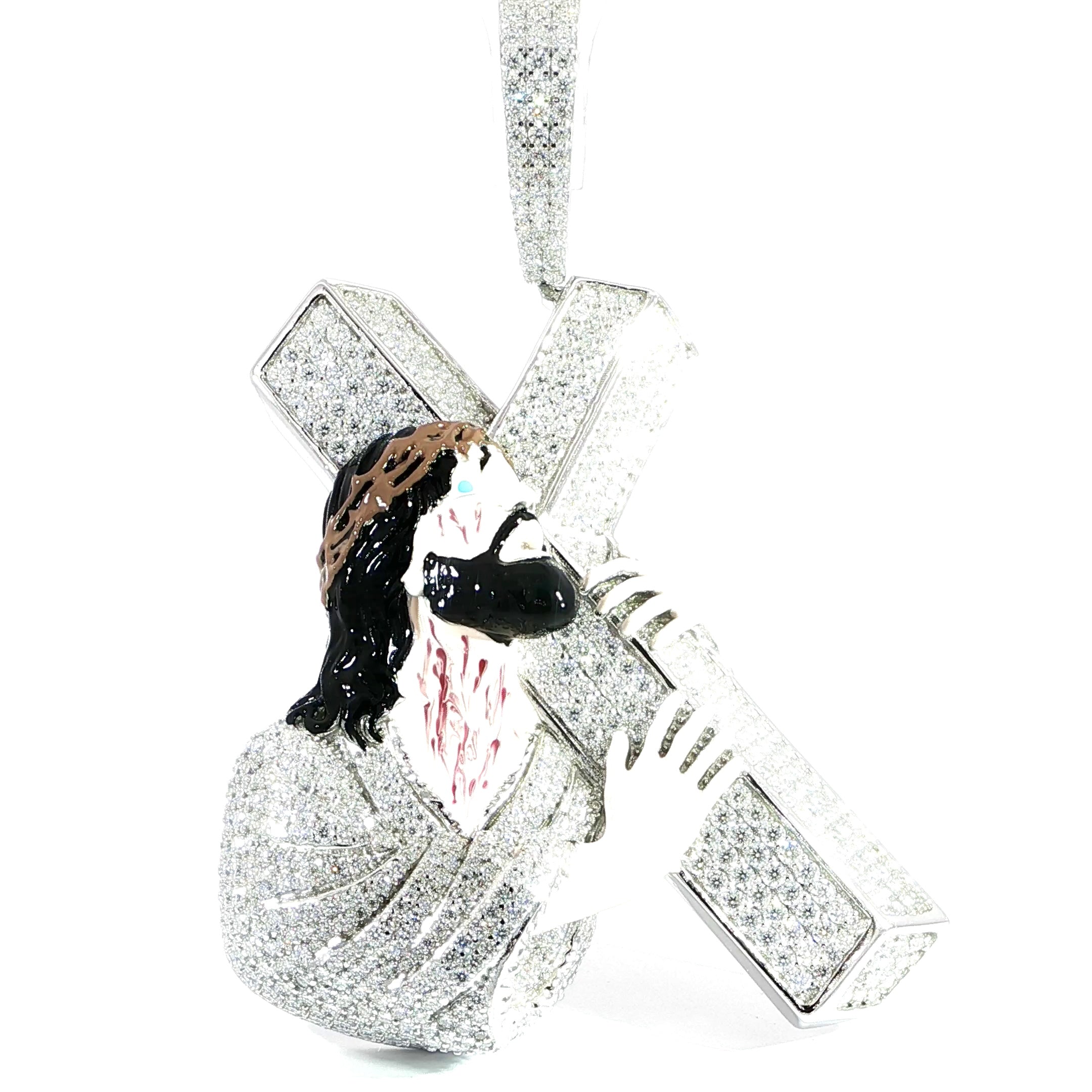 925 sterling silver Passion of Christ pendant with hand-painted enamel details and VVS moissanite.