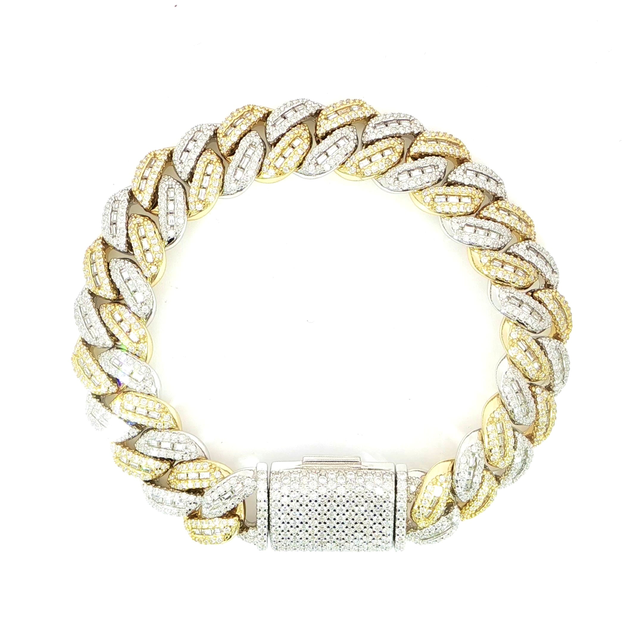 Sterling silver two-tone pavé Cuban link bracelet featuring 12 CTW VVS moissanite and baguette accents in a bold 14MM design.