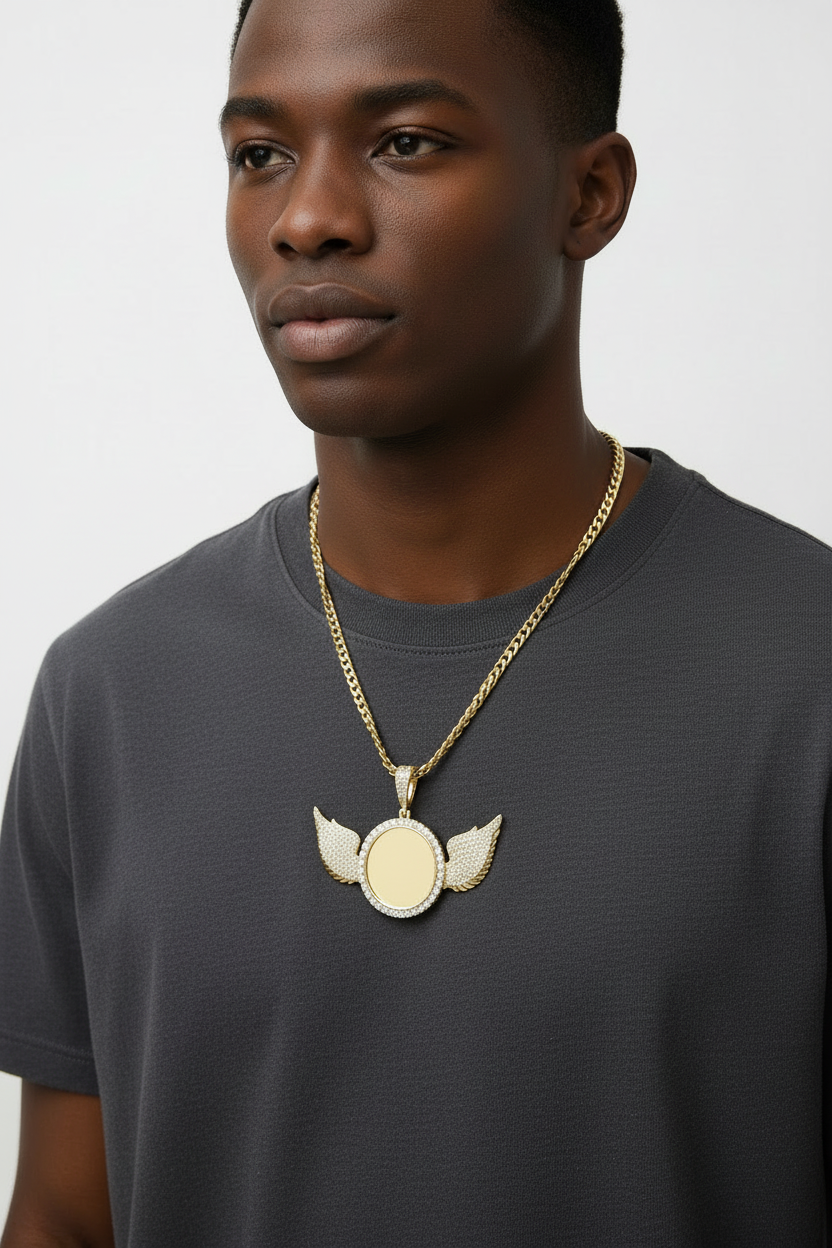 Model Wearing Angel Wing Photo Pendant with Moissanite Halo
