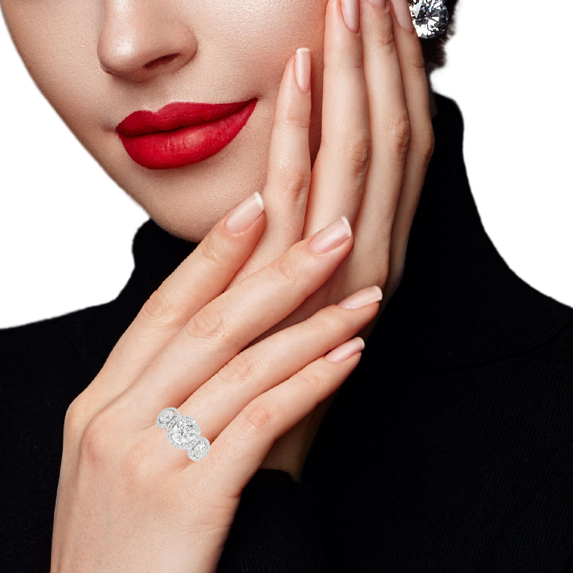 Model wearing white gold halo engagement ring round cut diamonds