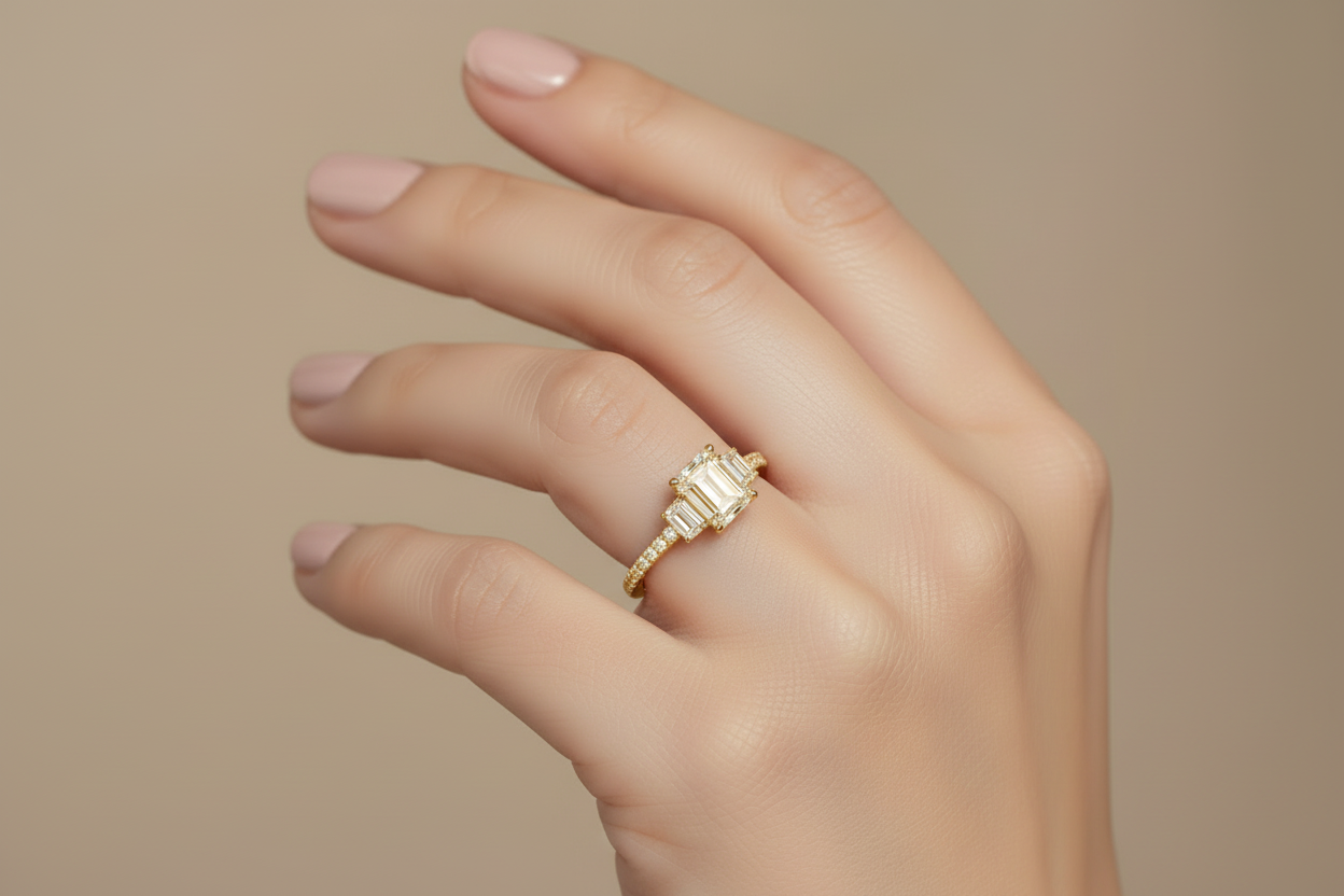 14K gold engagement ring with emerald cut diamonds model