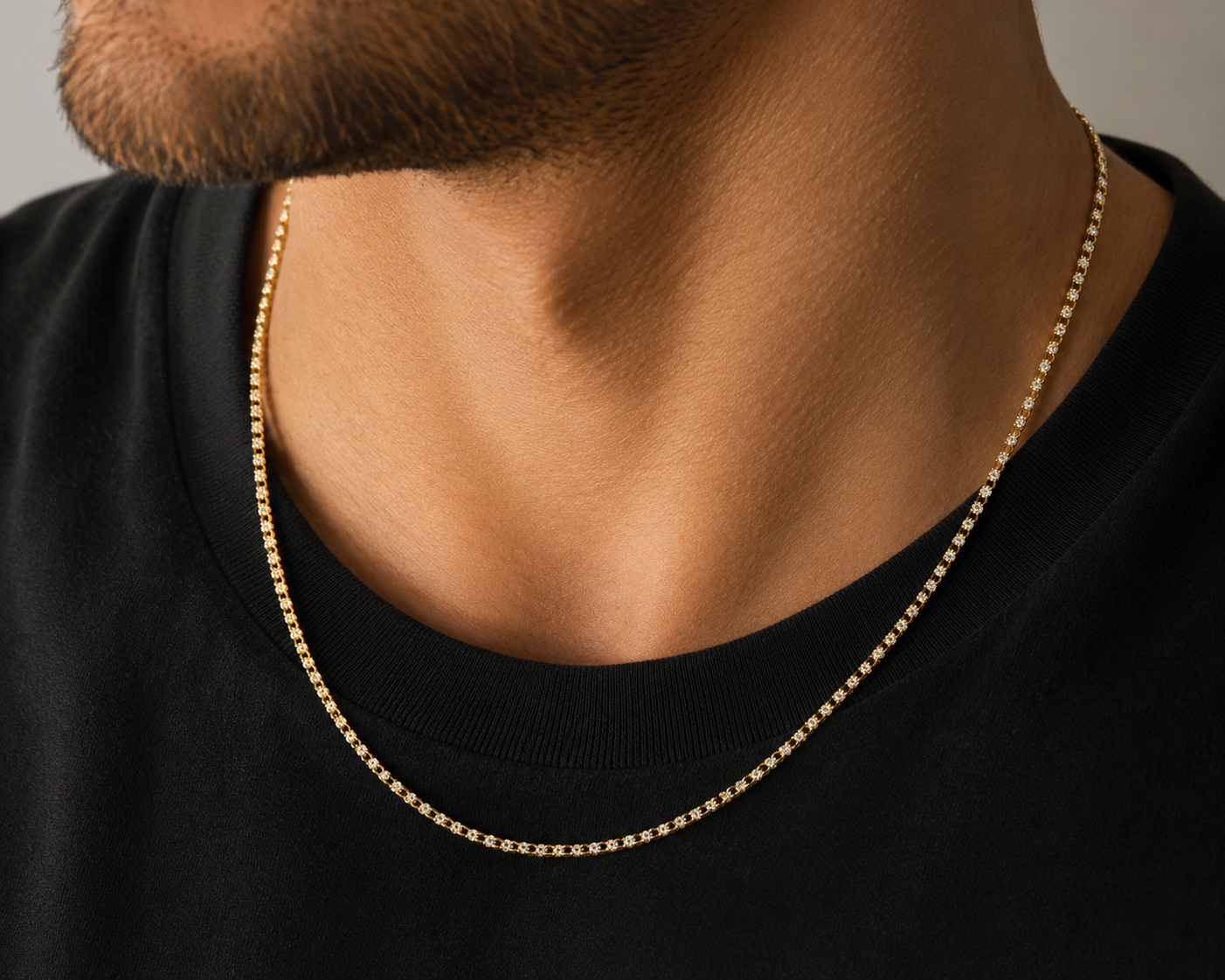 Slim 10K Yellow Gold Beaded Link Chain Necklace With Two-Tone Detail.