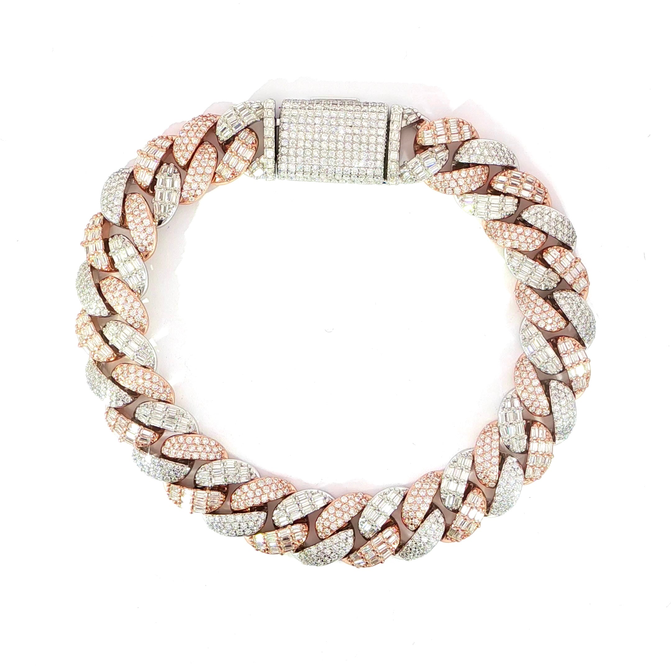 Two-tone iced out Miami Cuban link bracelet featuring VVS moissanite and baguette accents in 925 sterling silver