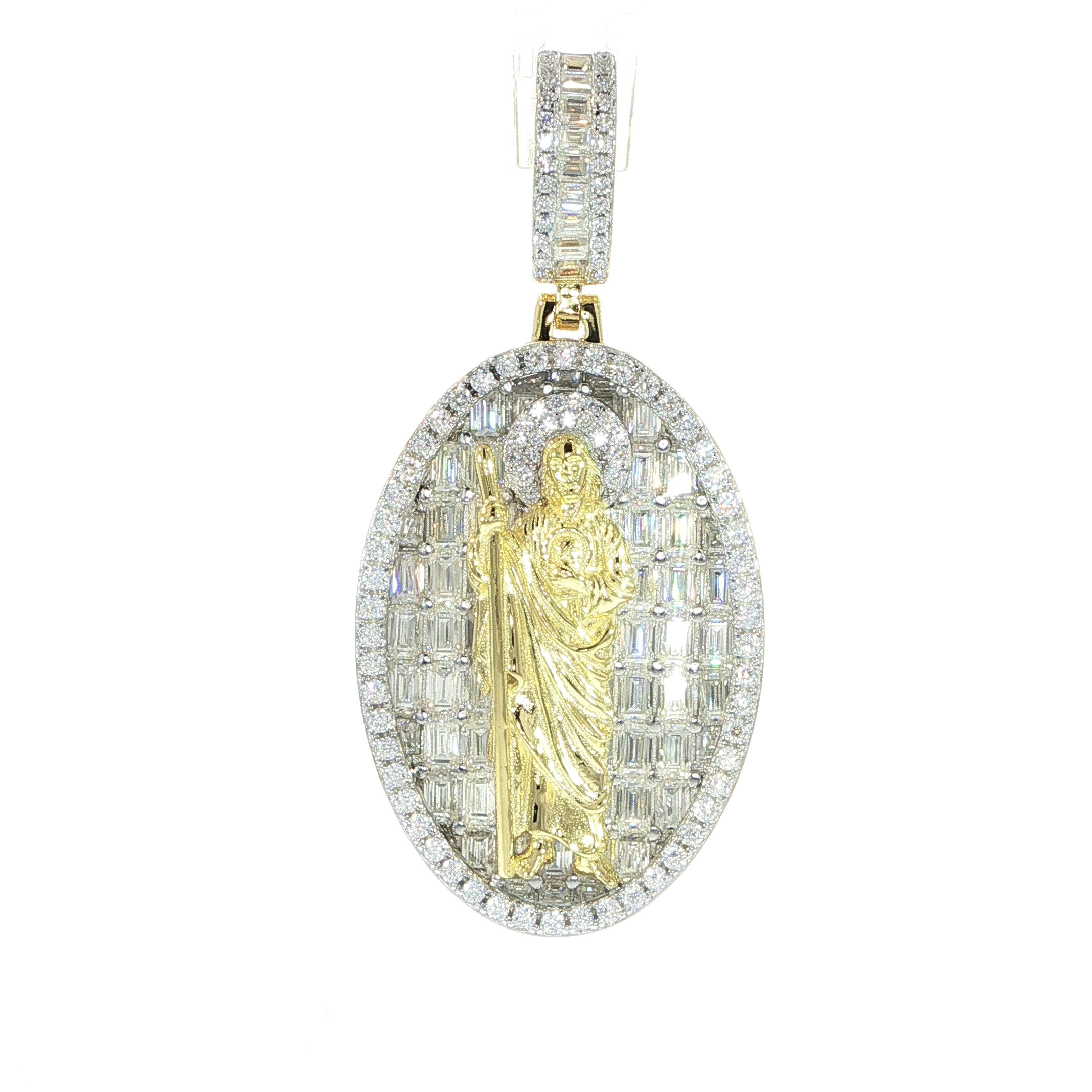 Two-tone Saint Jude oval pendant in sterling silver with VVS moissanite baguette accents.