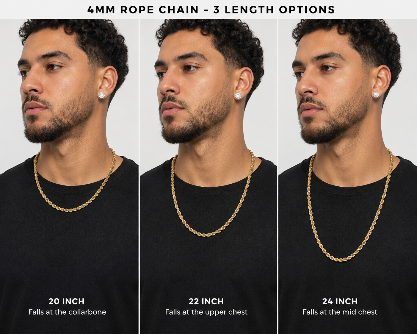 Model showing 3 different images of 10K Yellow Gold Rope Chain in various lengths.