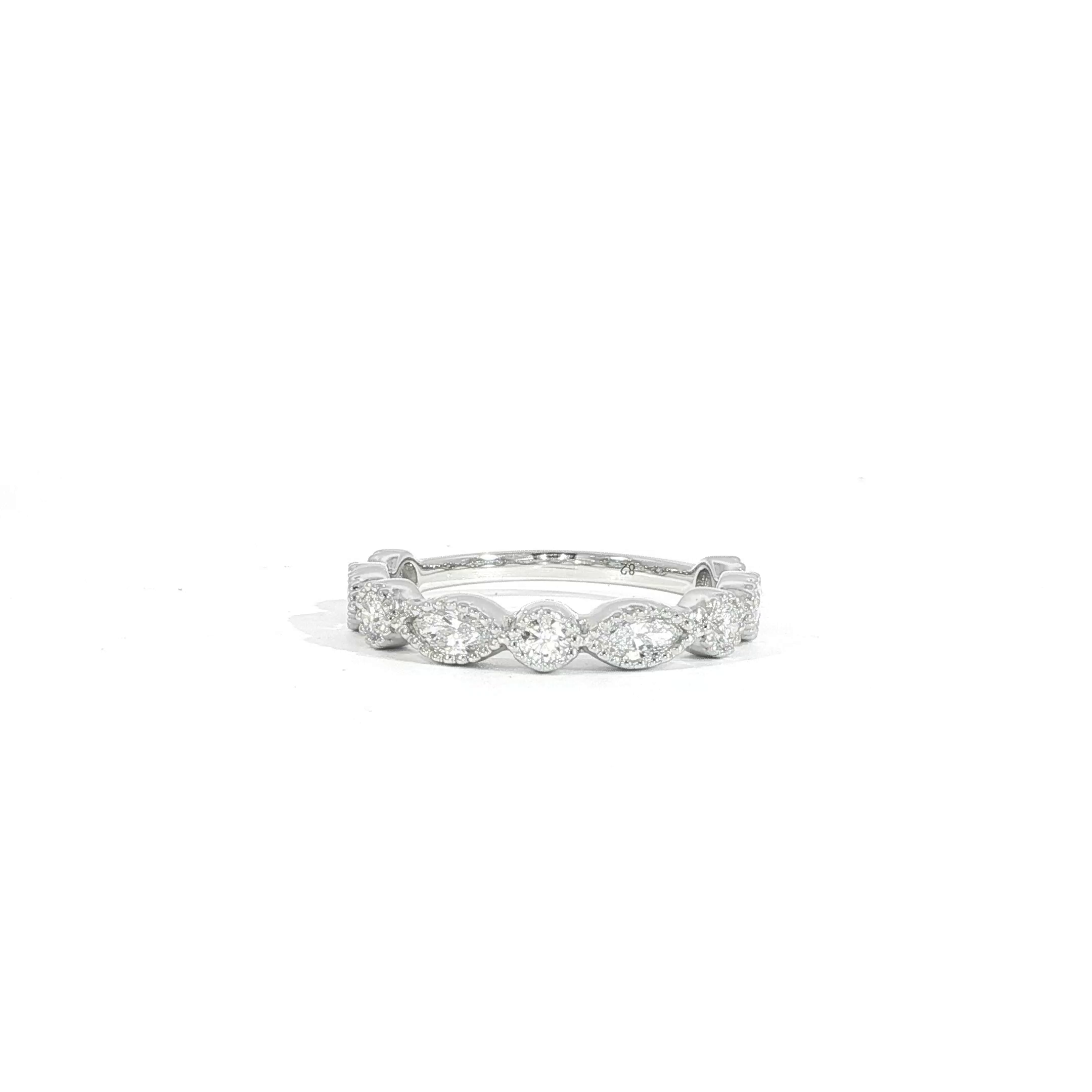 14K white gold vintage marquise and round bezel diamond band with milgrain detailing and 0.75 CTW lab grown diamonds