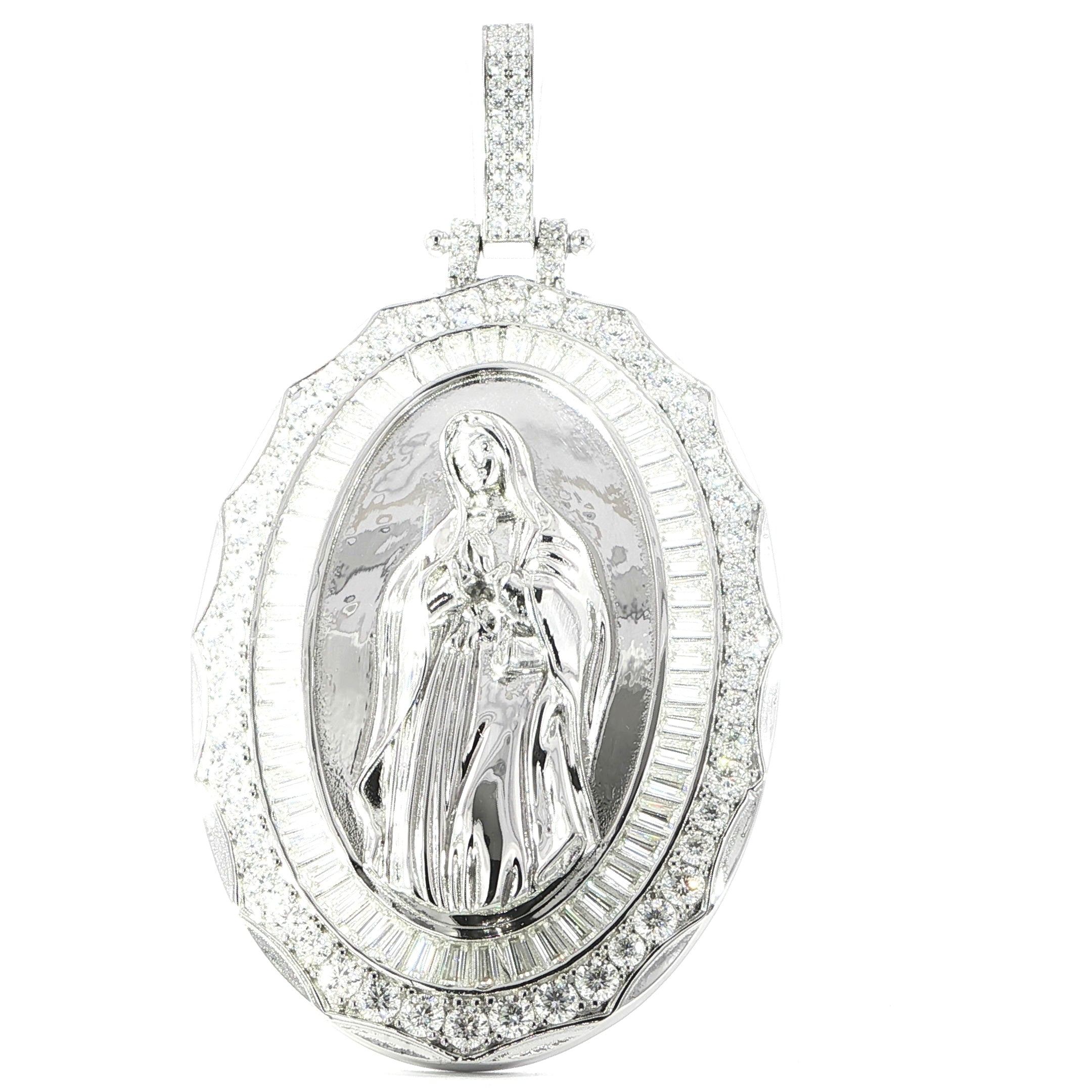 Close-up of Virgin Mary centerpiece surrounded by moissanite stones
