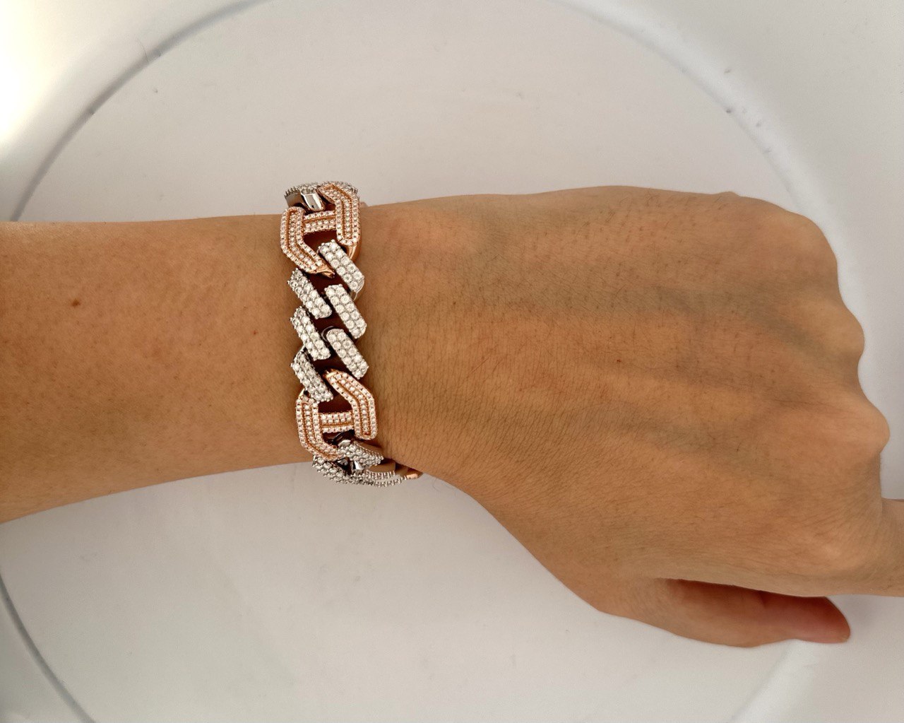 925 sterling silver VVS moissanite bracelet with alternating geometric station links and Cuban inspired pavé links