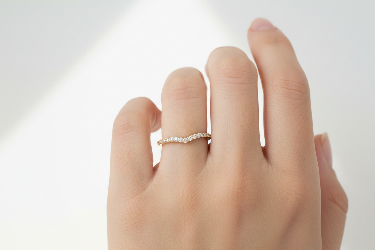 Curved yellow gold diamond wedding band with 0.25 CTW