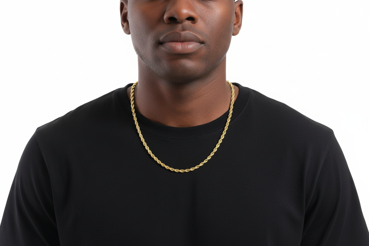 Model Wearing 14K yellow gold rope chain necklace with diamond-cut finish 4.2MM