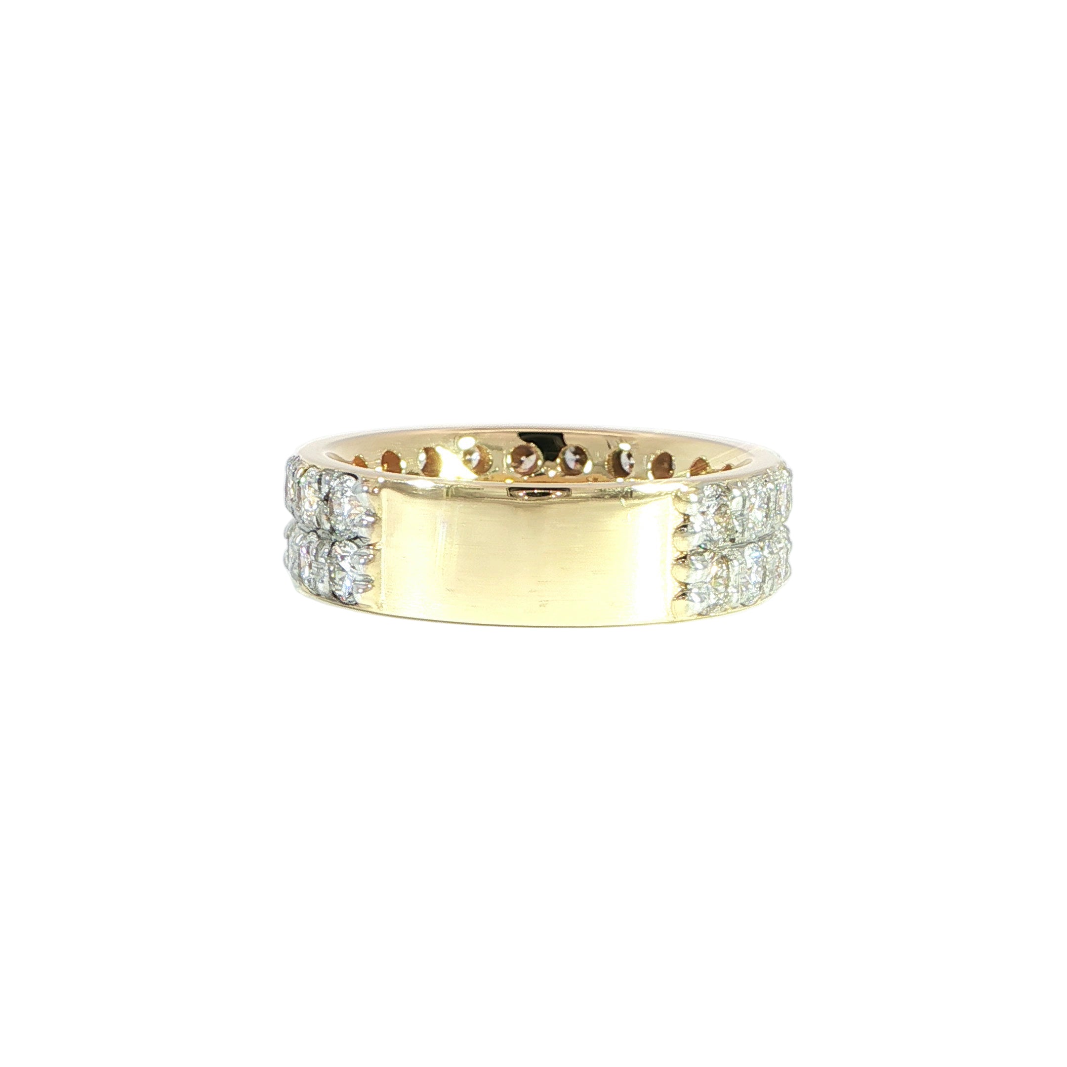 Comfort fit yellow gold diamond band with lab grown diamonds back