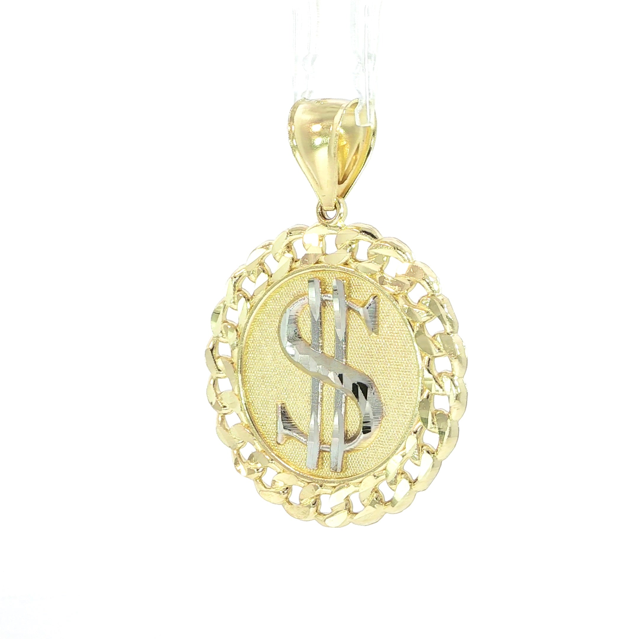Statement yellow gold dollar sign necklace pendant.