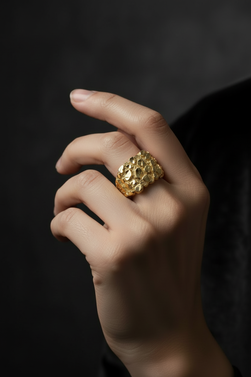 Bold 14K Yellow Gold Nugget Ring Hand Model