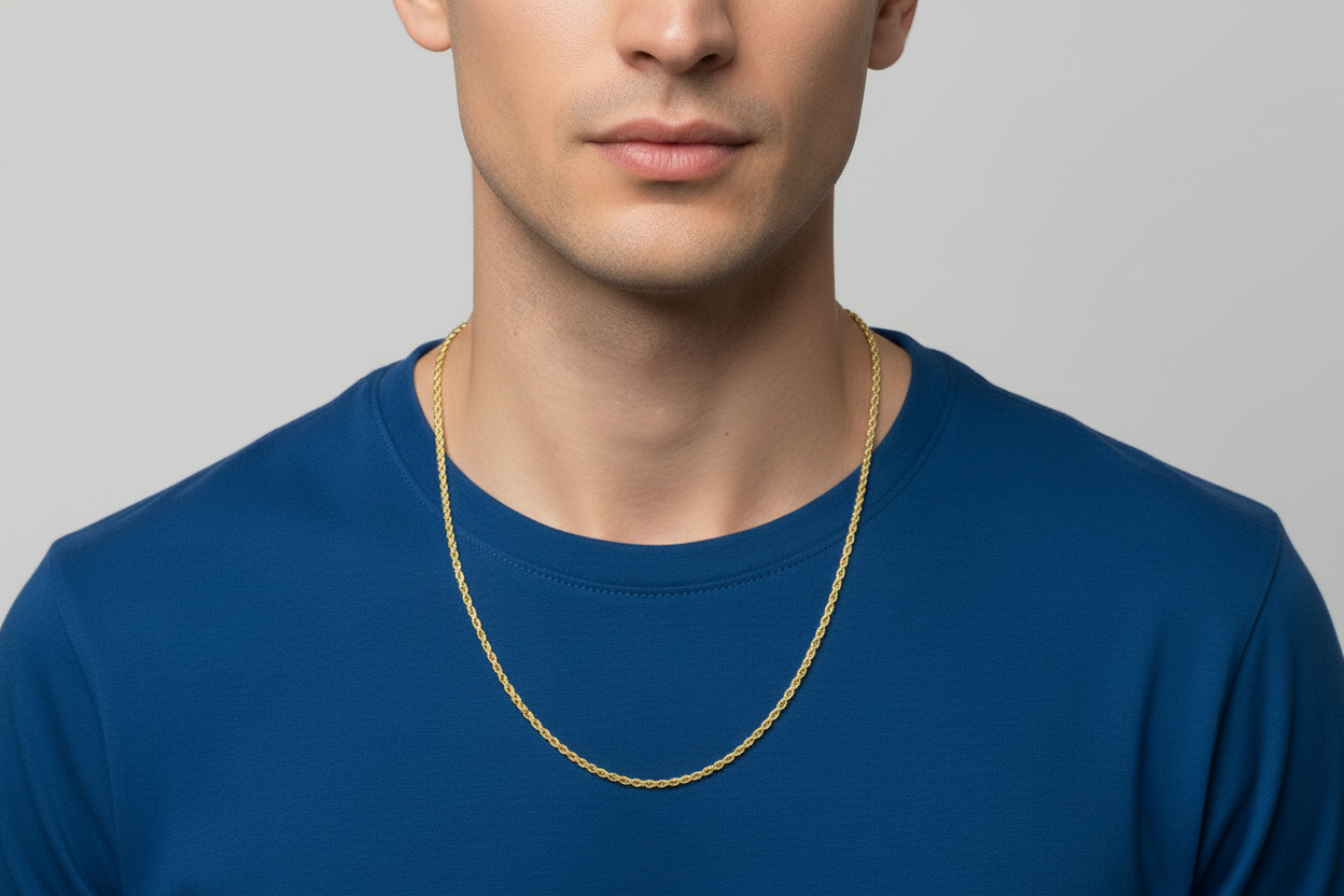 Model Wearing 10K Yellow Gold Rope Chain 3MM